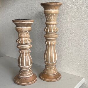 Candle Holders Pillar Carved Distressed Light Brown Cream Mango Wood Two Holders